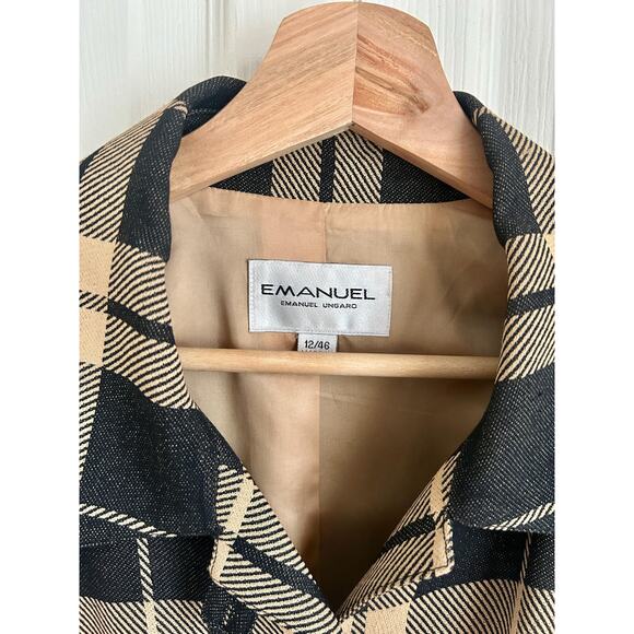 Vintage Emanuel Ungaro Boxy Plaid Drawstring Jacket | 90's Designer Black Tan - Picture 3 of 7